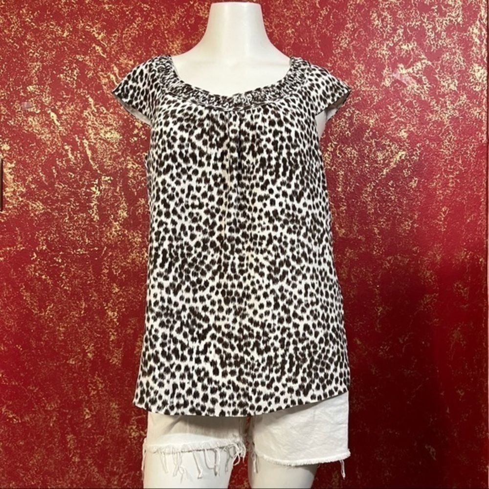 KATE SPADE Brown Animal Print Leopard Silk Shirt Top Blouse M